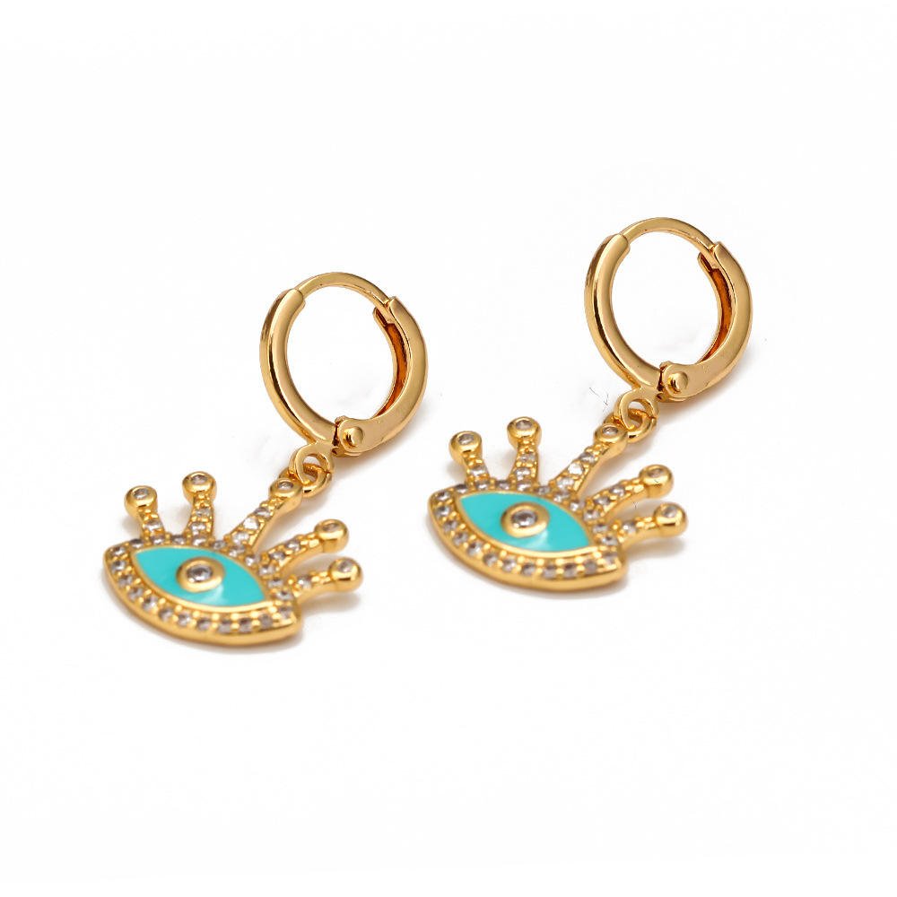 Gold Plated Rhinestone Blue Evil Eye Retro Clip-On Earrings (2)