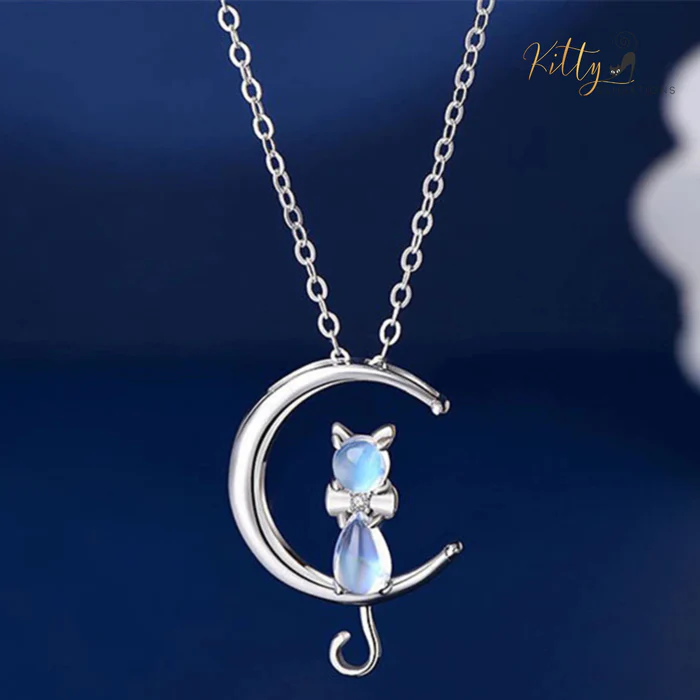 Solid Sterling Silver Natural Moonstone Moon Kitty Pendant Rope chain Necklace (1)