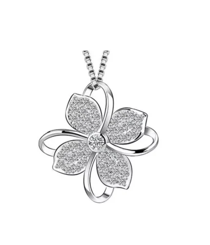 Sterling Silver Clover Crystal Pendant Rope Chain Necklace for Women